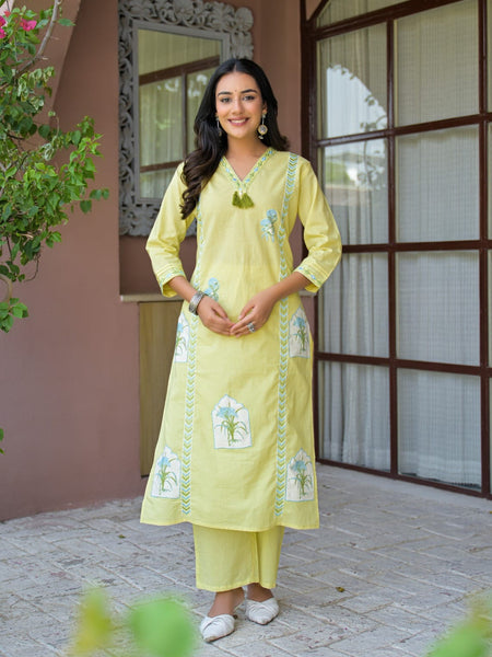Yellow Embroidered Straight Kurta Set with Pant & Dupatta