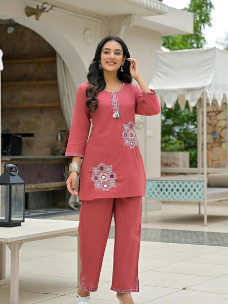 Coral Pink Embroidered Co-ord Set with Pant