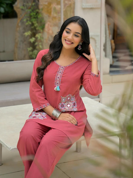 Pink Embroidered Straight Kurta Set with Pant & Dupatta