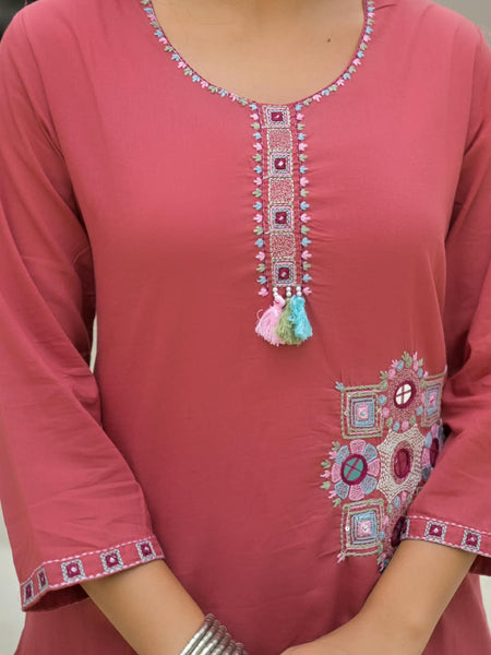Coral Pink Embroidered Co-ord Set with Pant