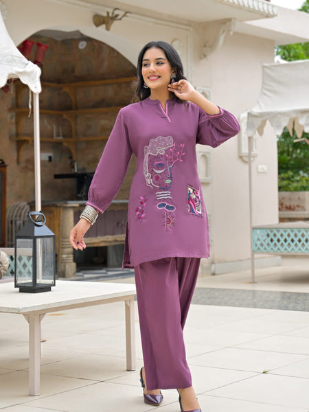 Mauve Embroidered Co-ord Set with Pant
