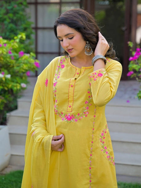Embroidered Straight Kurta Set with Pant & Dupatta
