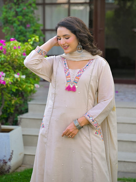Ivory Embroidered Straight Kurta Set with Pant & Dupatta