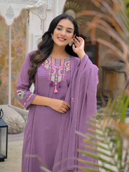 Purple Embroidered Straight Kurta Set with Pant & Dupatta