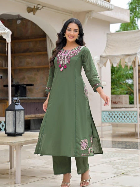 Olive Green Embroidered Straight Kurta Set with Pant & Dupatta
