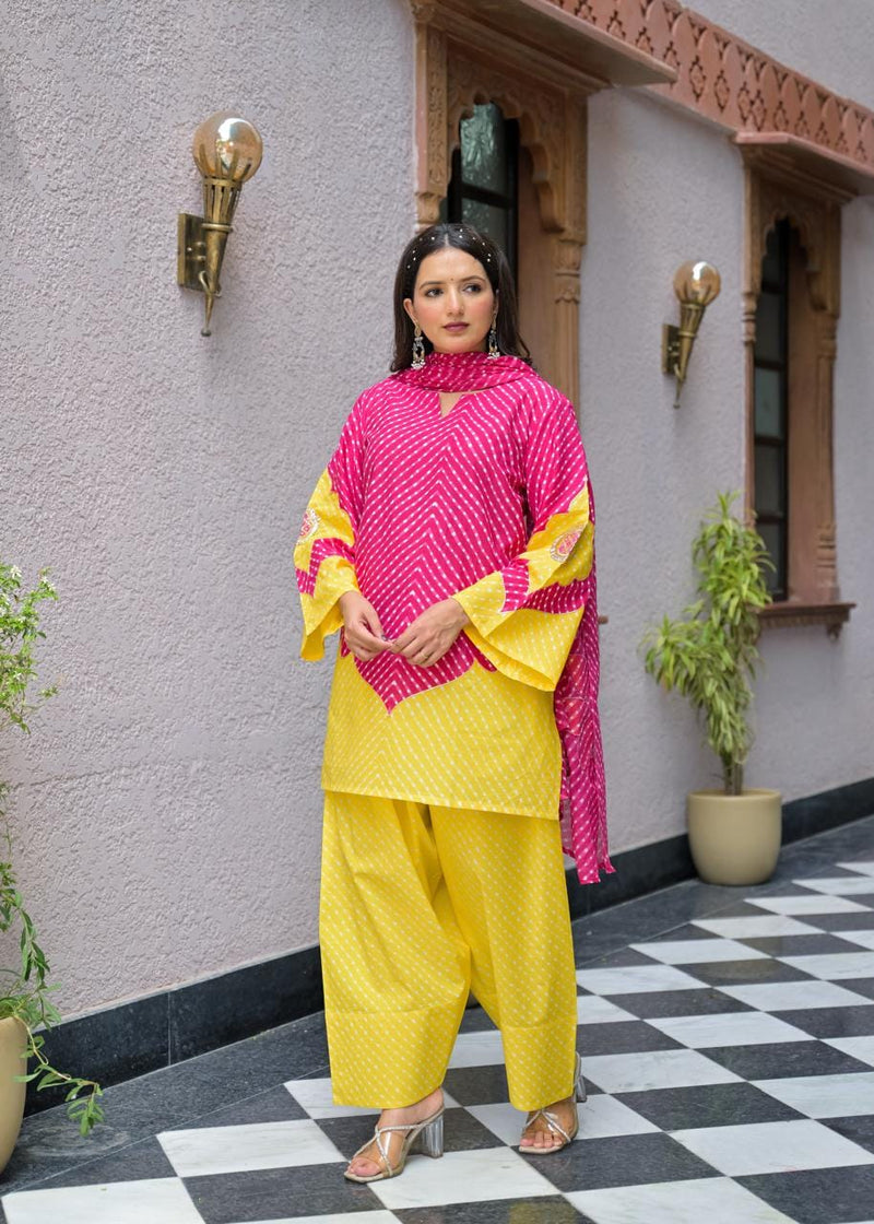 Pink & Yellow Lahriya Printed Farshi Suit Set