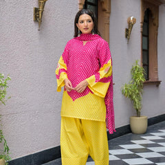 Pink & Yellow Lahriya Printed Farshi Suit Set