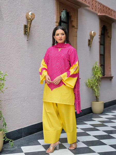 Pink & Yellow Lahriya Printed Farshi Suit Set