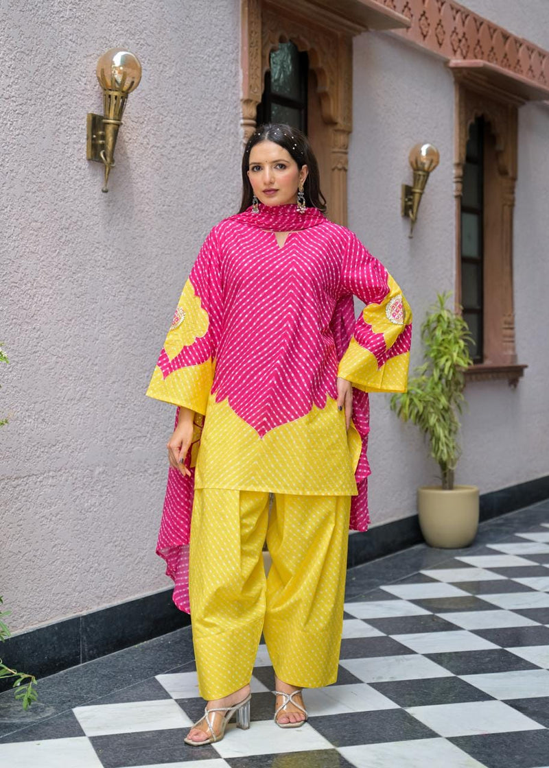 Pink & Yellow Lahriya Printed Farshi Suit Set