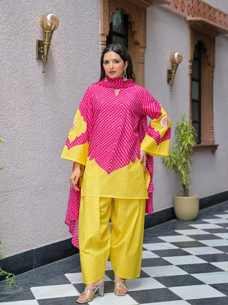 Pink & Yellow Lahriya Printed Farshi Suit Set