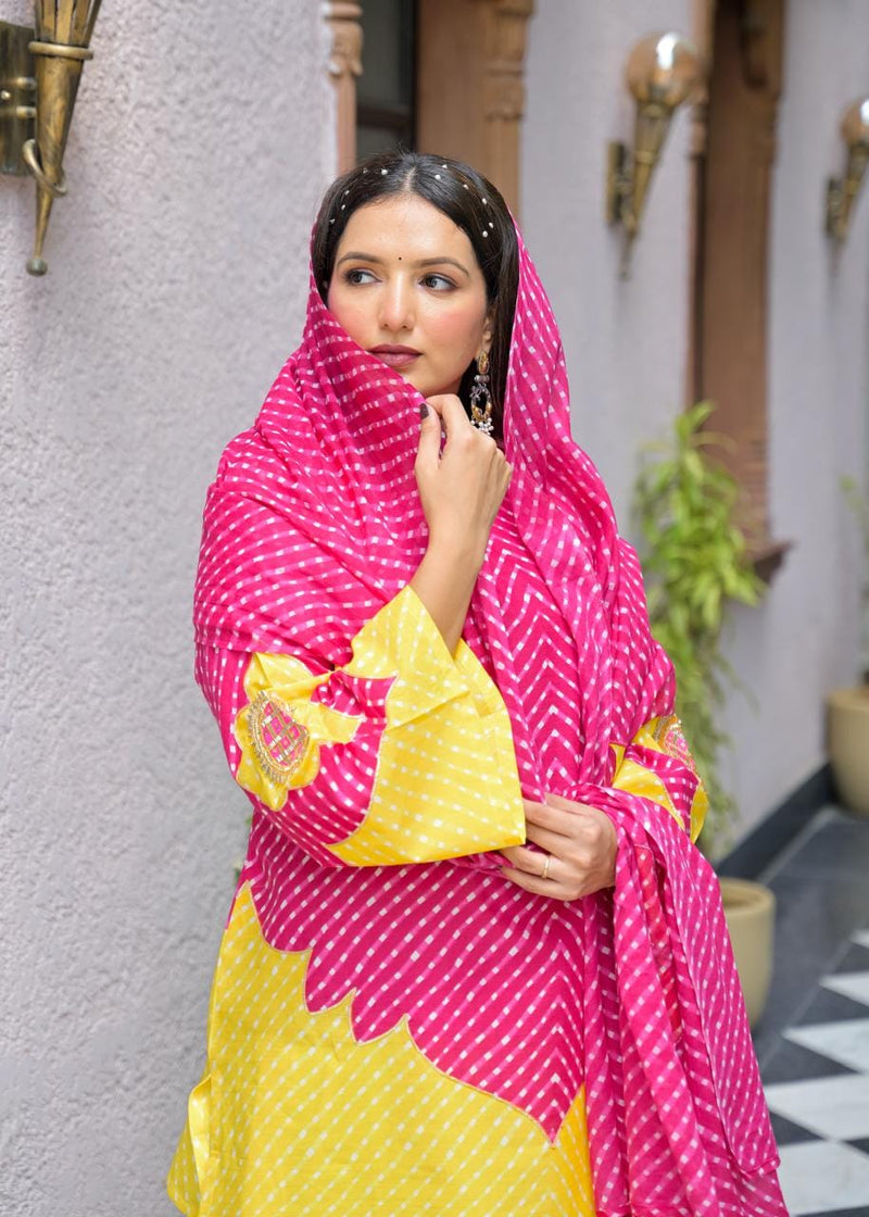Pink & Yellow Lahriya Printed Farshi Suit Set
