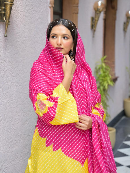 Pink & Yellow Lahriya Printed Farshi Suit Set