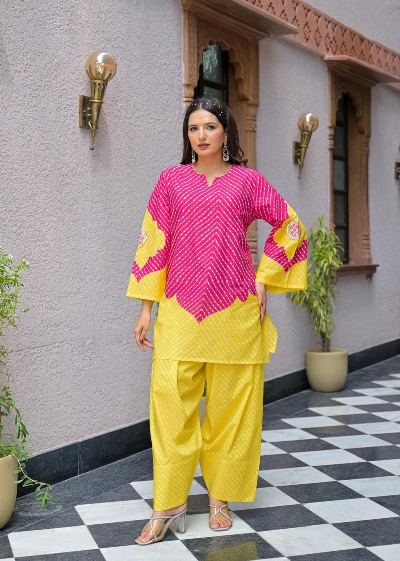 Pink & Yellow Lahriya Printed Farshi Suit Set