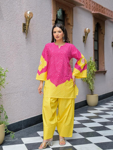 Pink & Yellow Lahriya Printed Farshi Suit Set