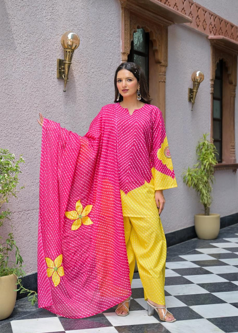 Pink & Yellow Lahriya Printed Farshi Suit Set
