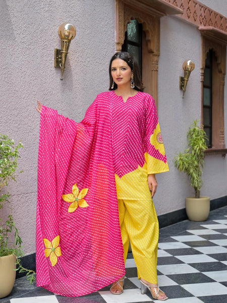 Pink & Yellow Lahriya Printed Farshi Suit Set