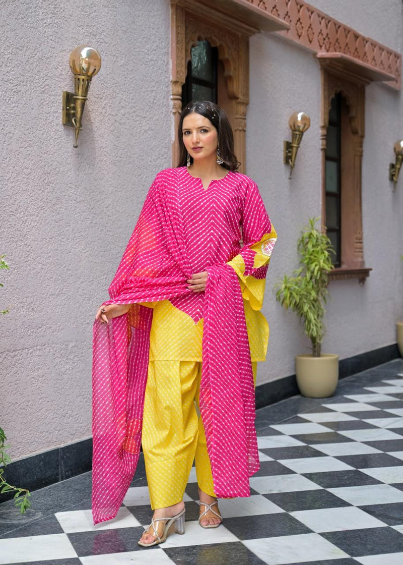 Pink & Yellow Lahriya Printed Farshi Suit Set