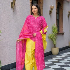 Pink & Yellow Lahriya Printed Farshi Suit Set