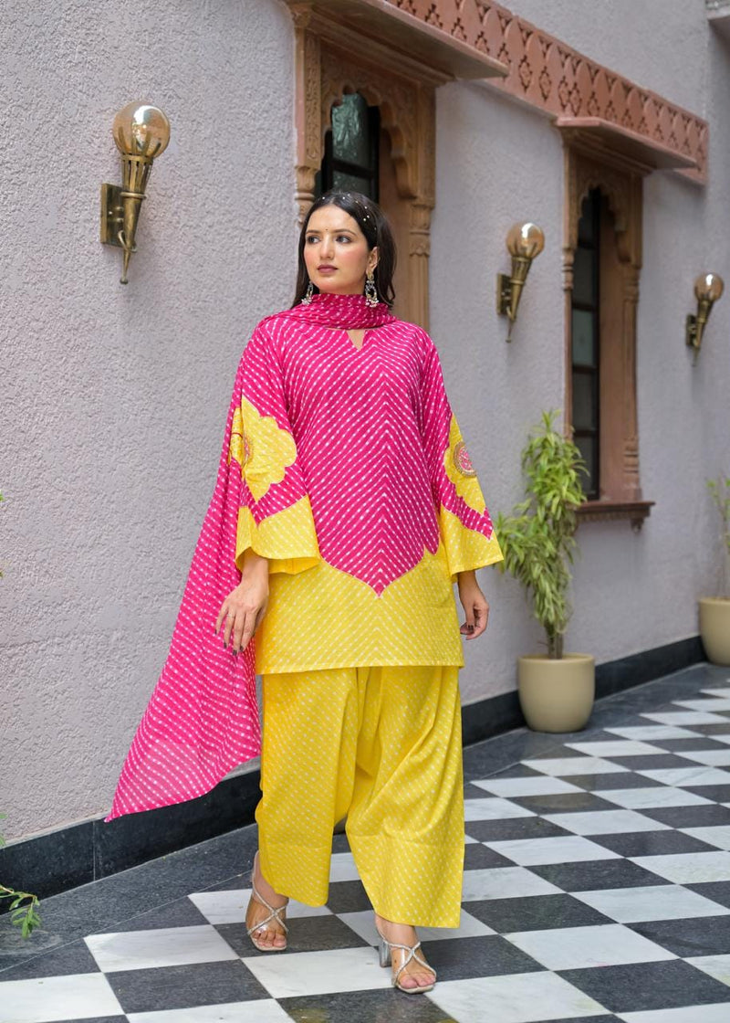 Pink & Yellow Lahriya Printed Farshi Suit Set