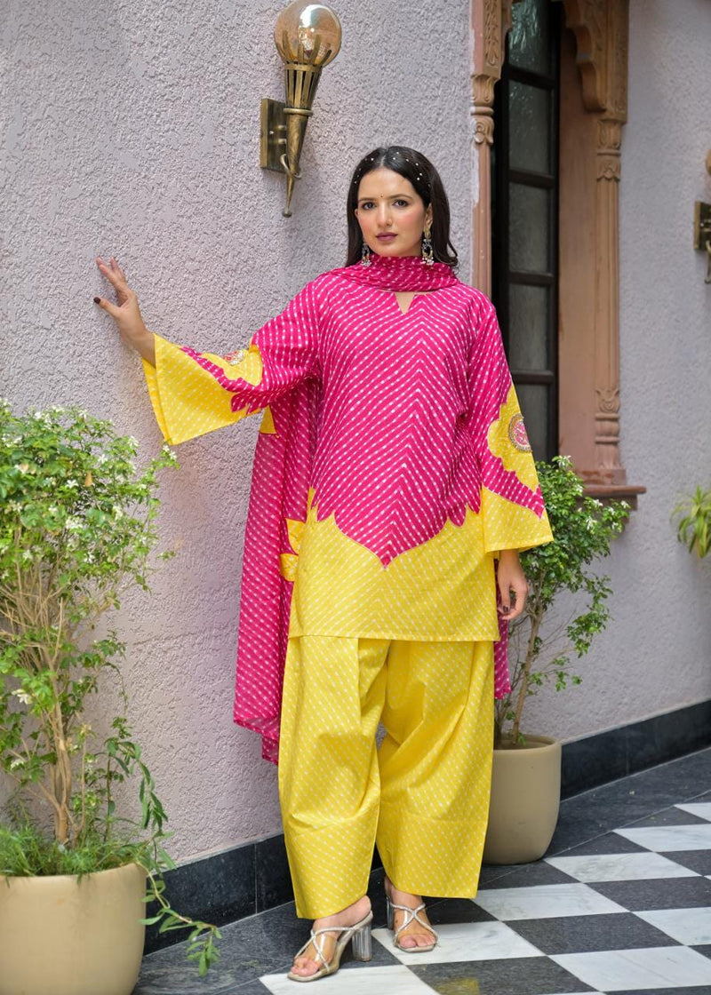 Pink & Yellow Lahriya Printed Farshi Suit Set