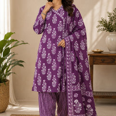 Purple Buta Print Cotton Suit Set | DJ01