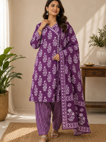 Purple Buta Print Cotton Suit Set | DJ01