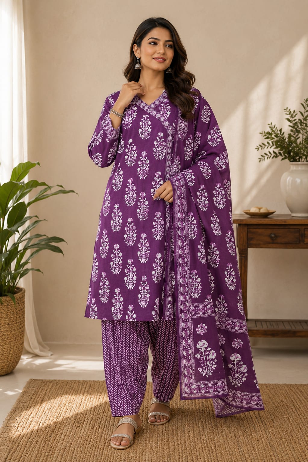 Purple Buta Print Cotton Suit Set