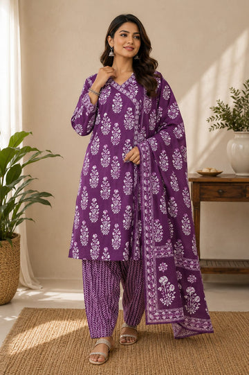Purple Buta Print Cotton Suit Set