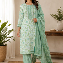 Mint Blossom Cotton Straight Kurti Set | DJ09