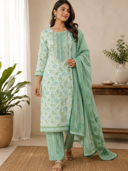 Mint Blossom Cotton Straight Kurti Set | DJ09