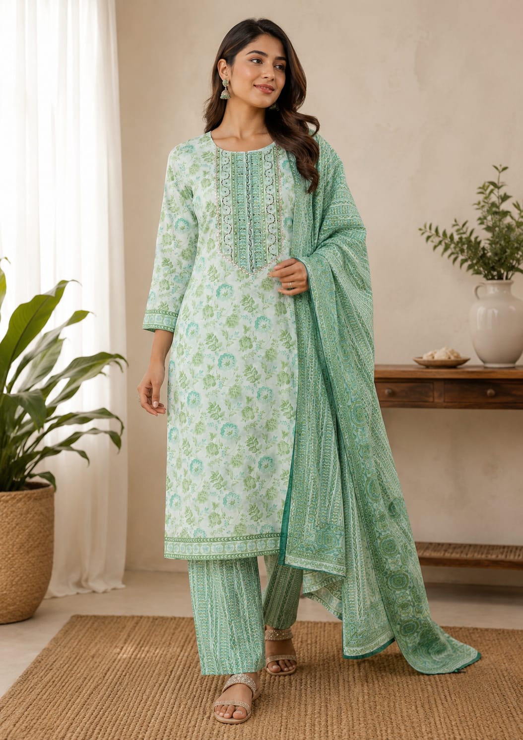 Mint Blossom Cotton Straight Kurti Set