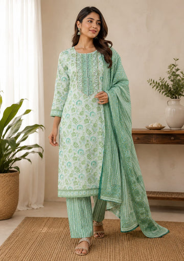 Mint Blossom Cotton Straight Kurti Set