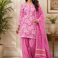 Pink Floral Cotton Farshi Kurta Set With Dupatta | DJ03