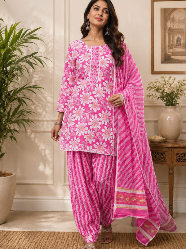 Pink Floral Cotton Farshi Kurta Set With Dupatta | DJ03