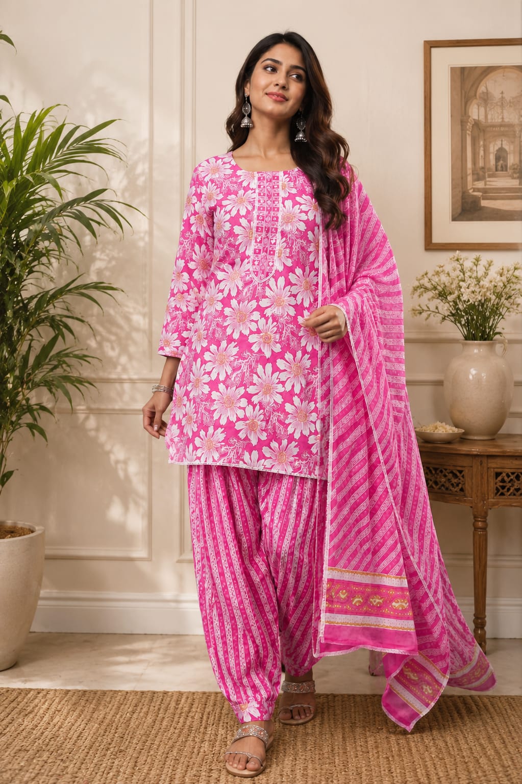 Pink Floral Cotton Farshi Kurti Set