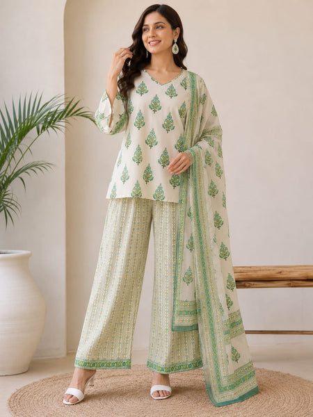 Green Buti Cotton Farshi Kurta Set With Dupatta | DJ13