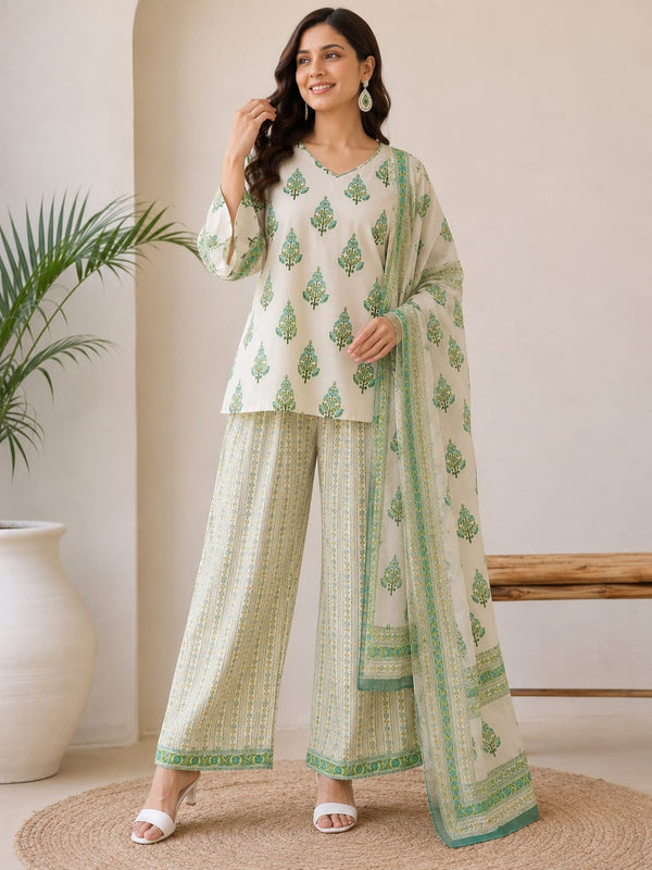 Green Buti Cotton Farshi Kurta Set With Dupatta | DJ13
