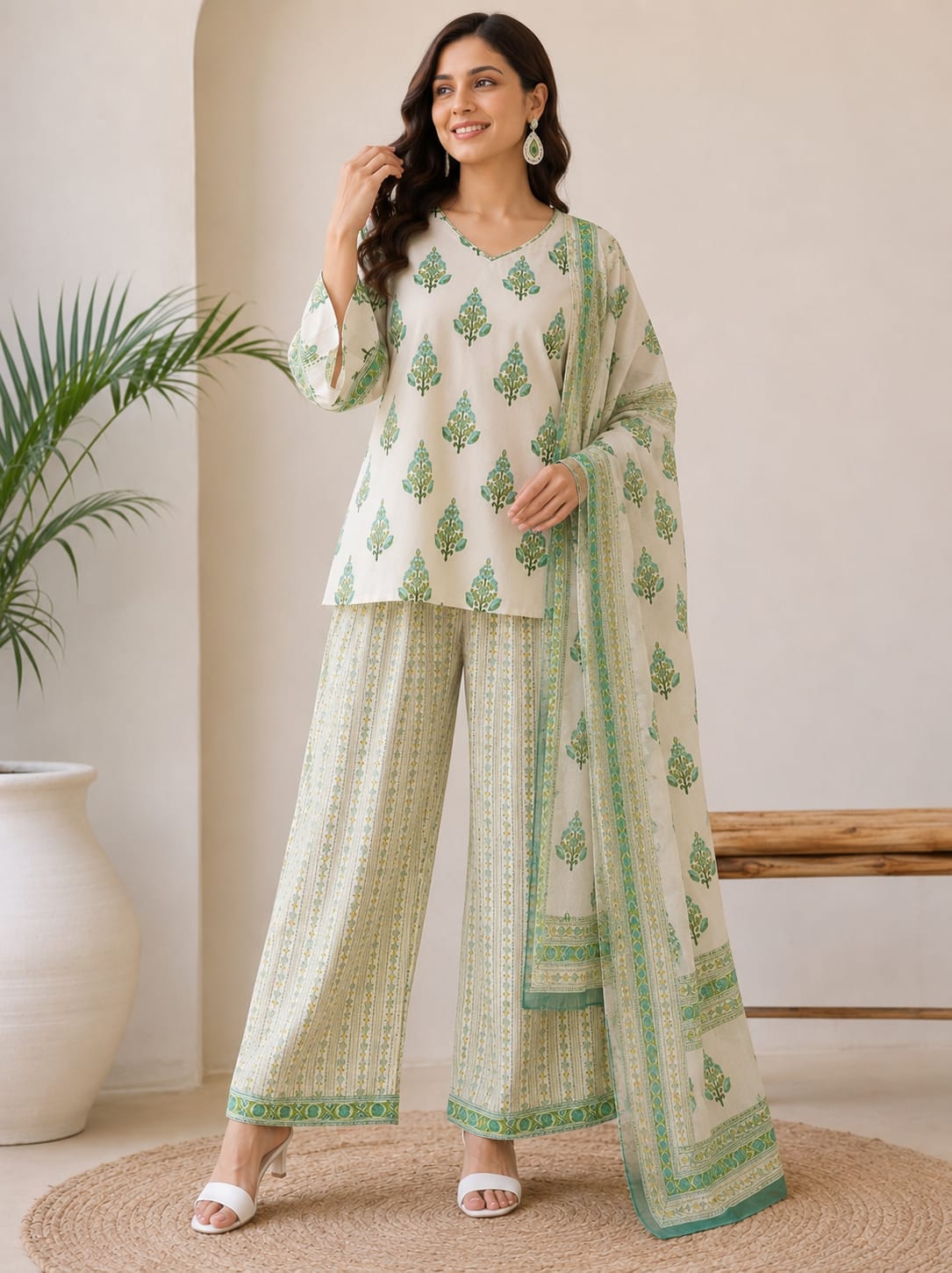 Green Buti Cotton Straight Kurti Set