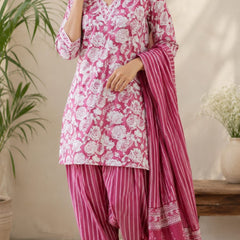 Rose Pink Floral Cotton Farshi Kurta Set With Dupatta | DJ06