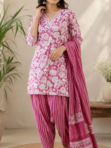 Rose Pink Floral Cotton Farshi Kurta Set With Dupatta | DJ06