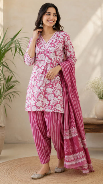 Rose Floral Cotton Farshi Kurti Set