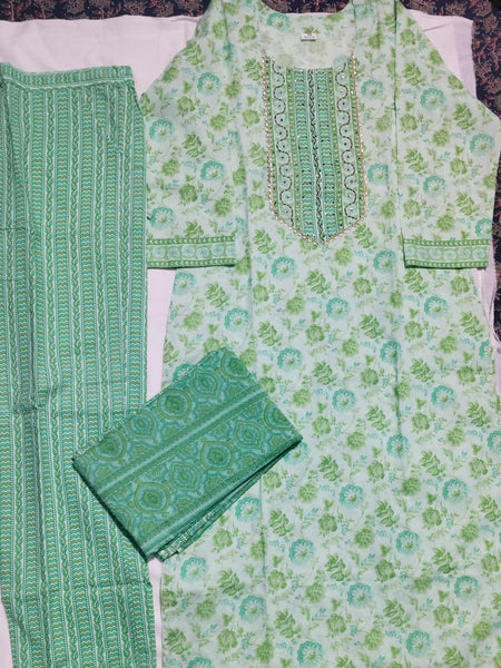 Mint Blossom Cotton Straight Kurti Set | DJ09