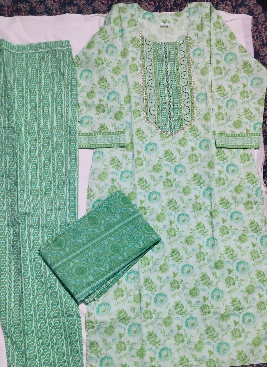 Mint Blossom Cotton Straight Kurti Set