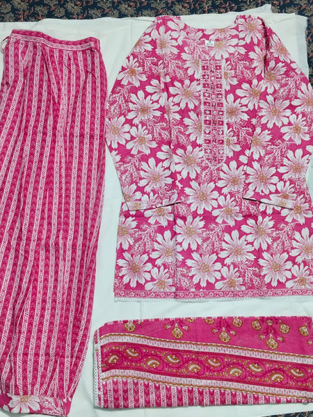 Pink Floral Cotton Farshi Kurta Set With Dupatta | DJ03