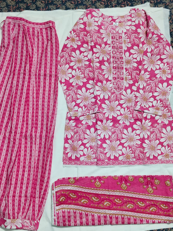 Pink Floral Cotton Farshi Kurta Set With Dupatta | DJ03