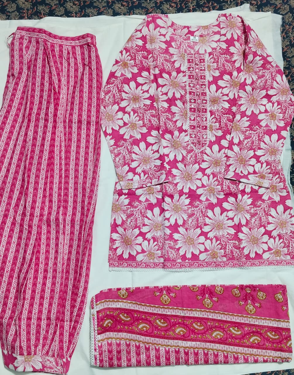 Pink Floral Cotton Farshi Kurti Set