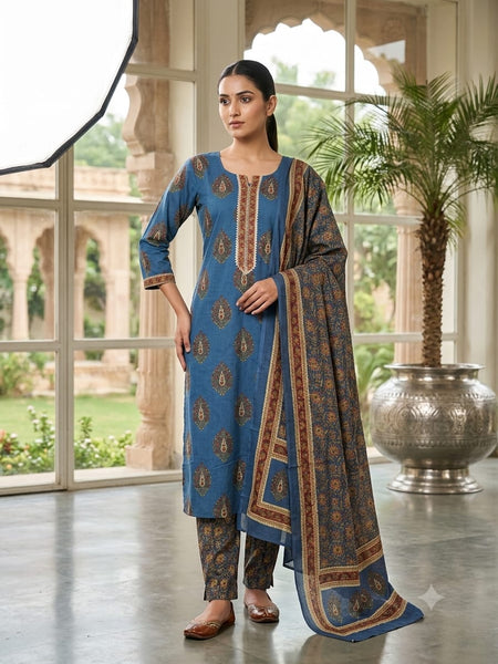 Blue Paisley Straight Cotton Kurta Set | DJ28
