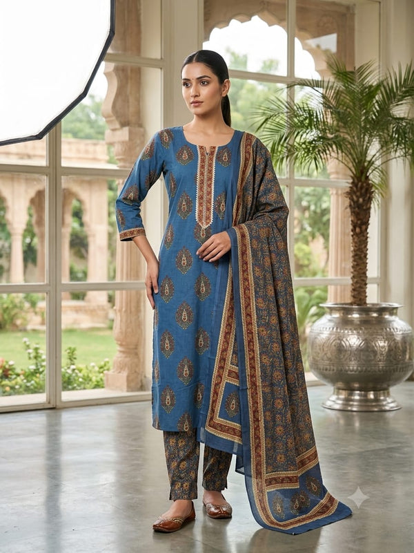 Blue Paisley Straight Cotton Kurta Set | DJ28