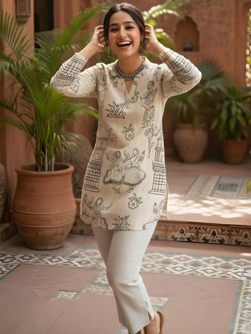 Off White Ethnic Motif Short Kurti