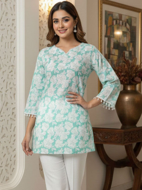 Floral Bell Sleeve Short Kurti
